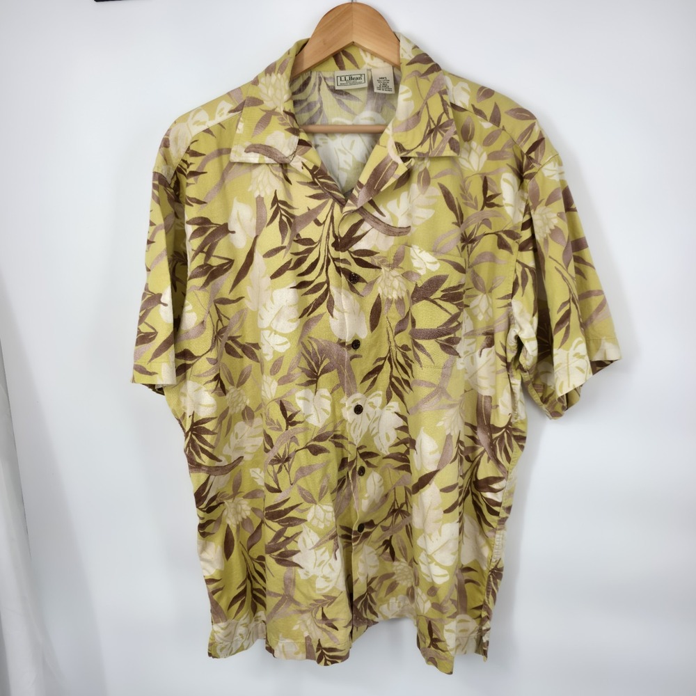 LL Bean Men's Hawaiian Camp Shirt Rayon Blend Yellow Brown Floral Size L - Picture 2 of 7